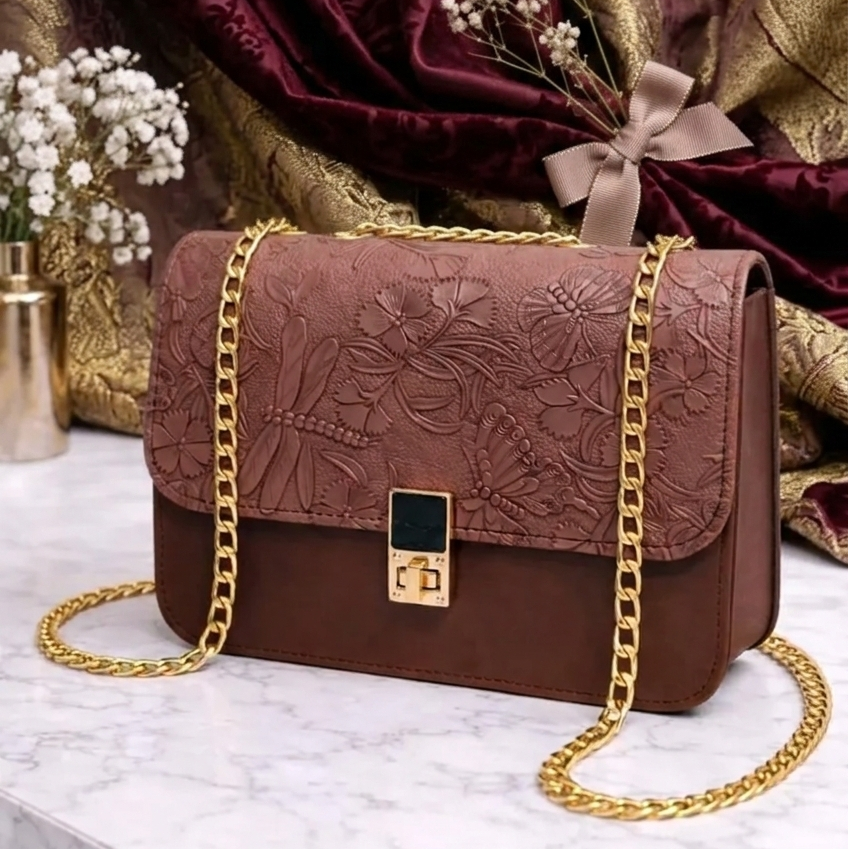 Elegant Embossed Floral Chain Shoulder Bag