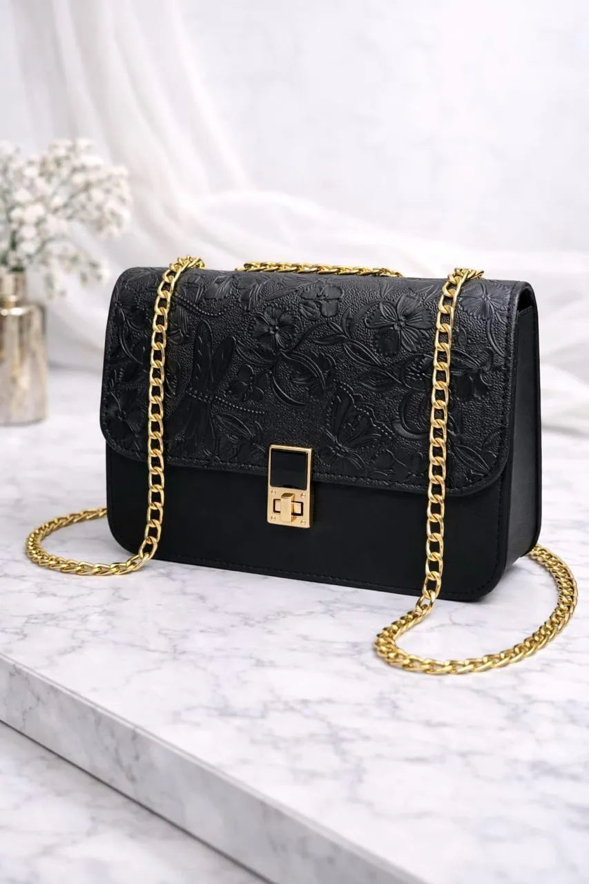 Elegant Embossed Floral Chain Shoulder Bag