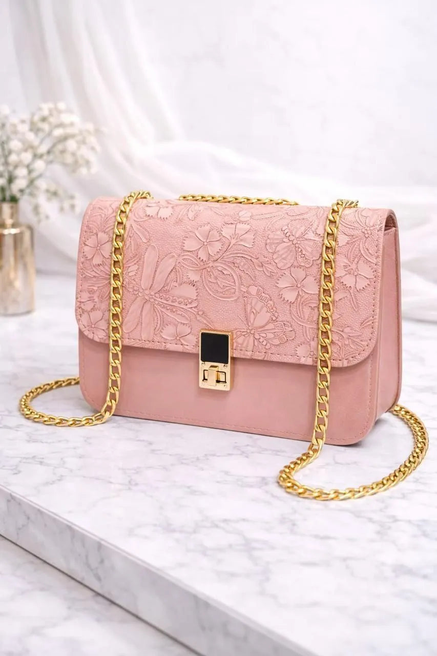 Elegant Embossed Floral Chain Shoulder Bag