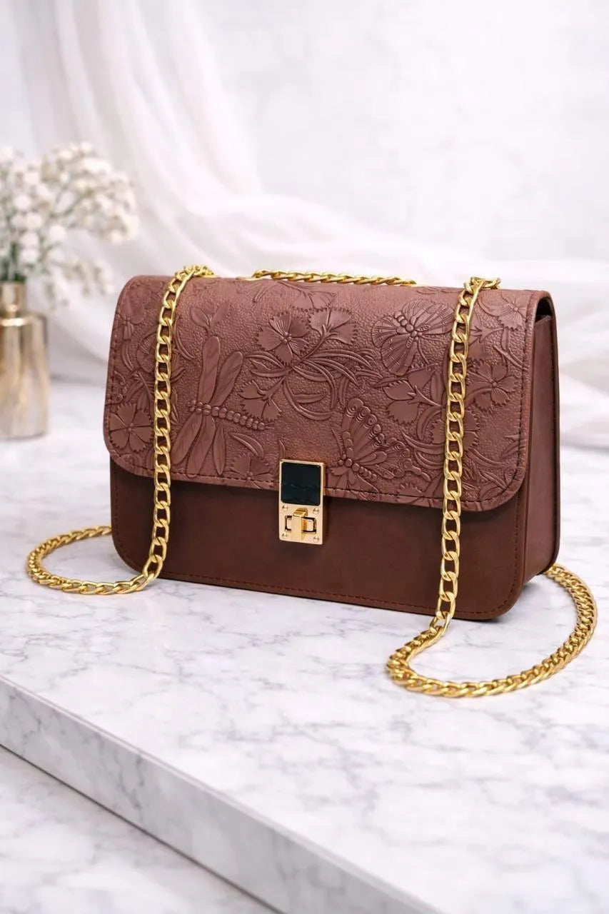 Elegant Embossed Floral Chain Shoulder Bag