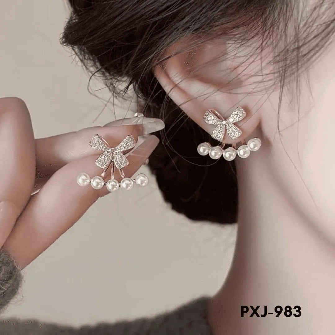 Bow Style Pearl Zircon -Earrings